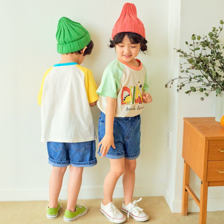 韓國 Hanab - DINO王國拼接色純棉T-黃