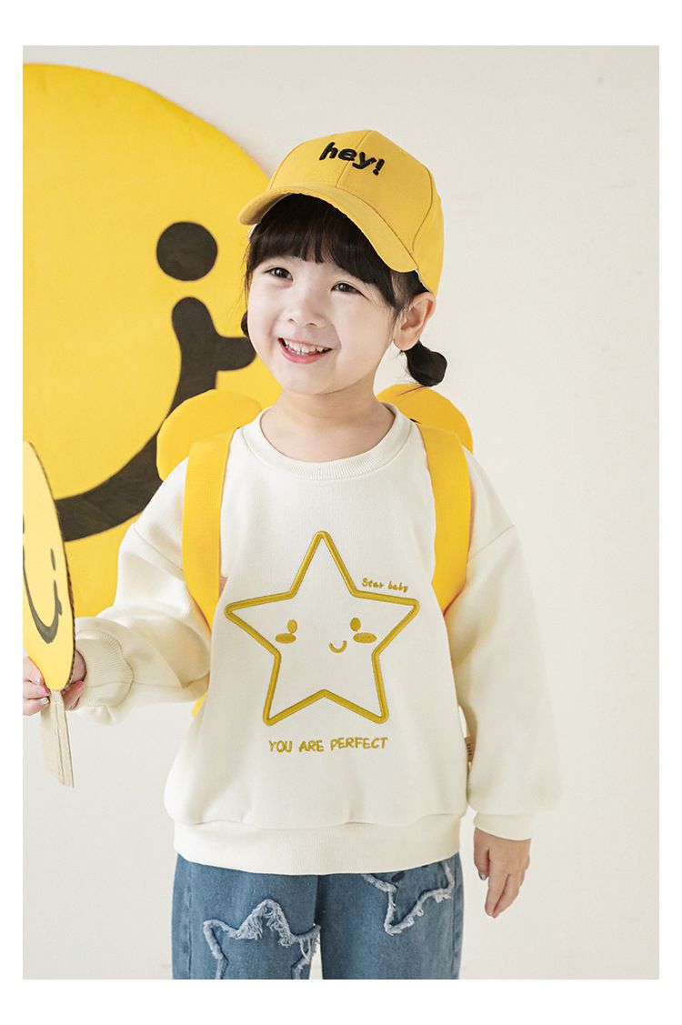 針織刺繡圓領長袖上衣-星星-米白色