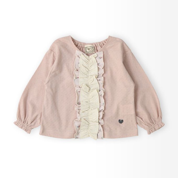 日本 ZOOLAND - 胸前層次摺邊圓領長袖上衣-緹花紋理-粉紅