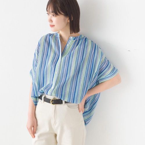 日本 OMNES - 100%印度棉 夏日印花輕盈寬版襯衫-水藍條紋