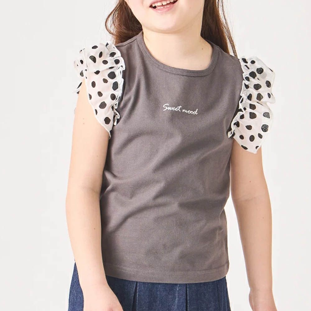 100%棉 點點蕾絲短袖上衣-深灰