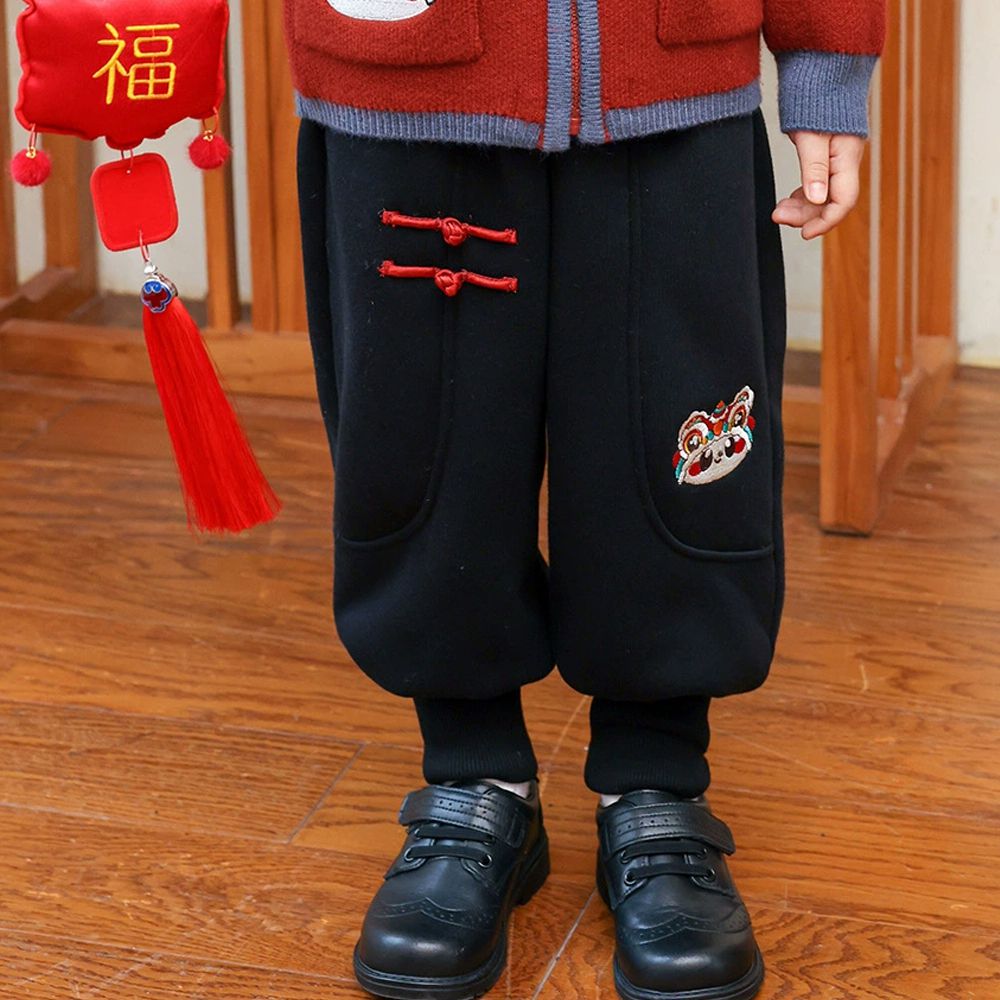 加絨保暖造型束口褲-福獅獻瑞-黑色