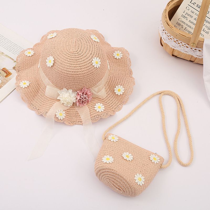 小仙女不規則大帽簷草帽/遮陽帽(附小背包)-編制花-杏色 (建議2-8歲)