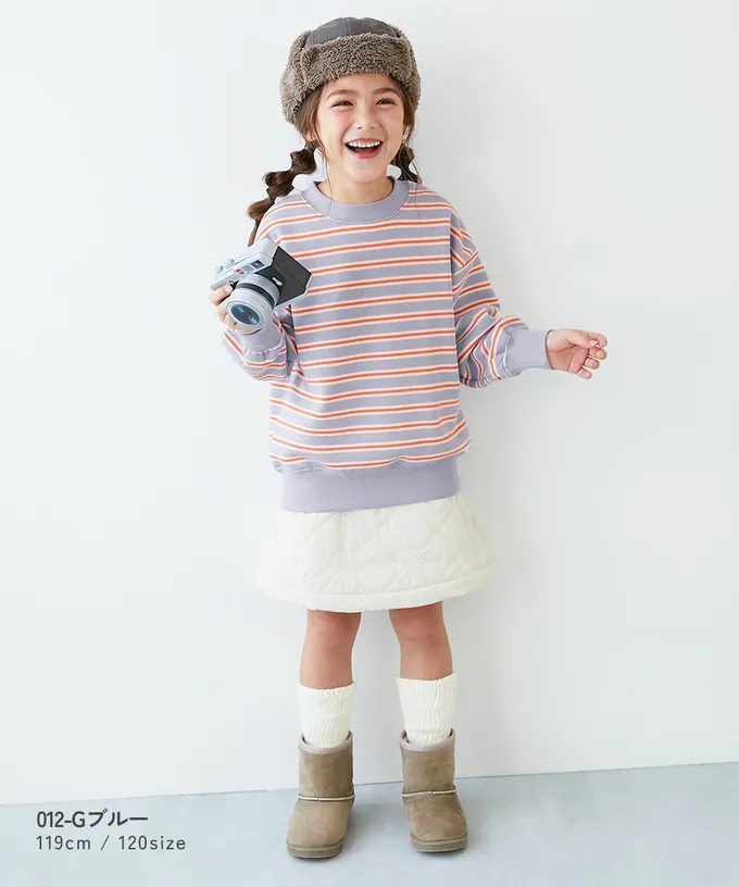 日本 devirock - 裏起毛 百搭條紋大學長袖上衣-灰藍