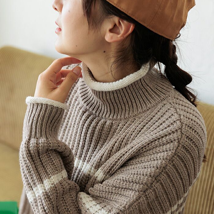 日本 ihuu - 率性線條高領厚針織長袖上衣-黑x白條紋