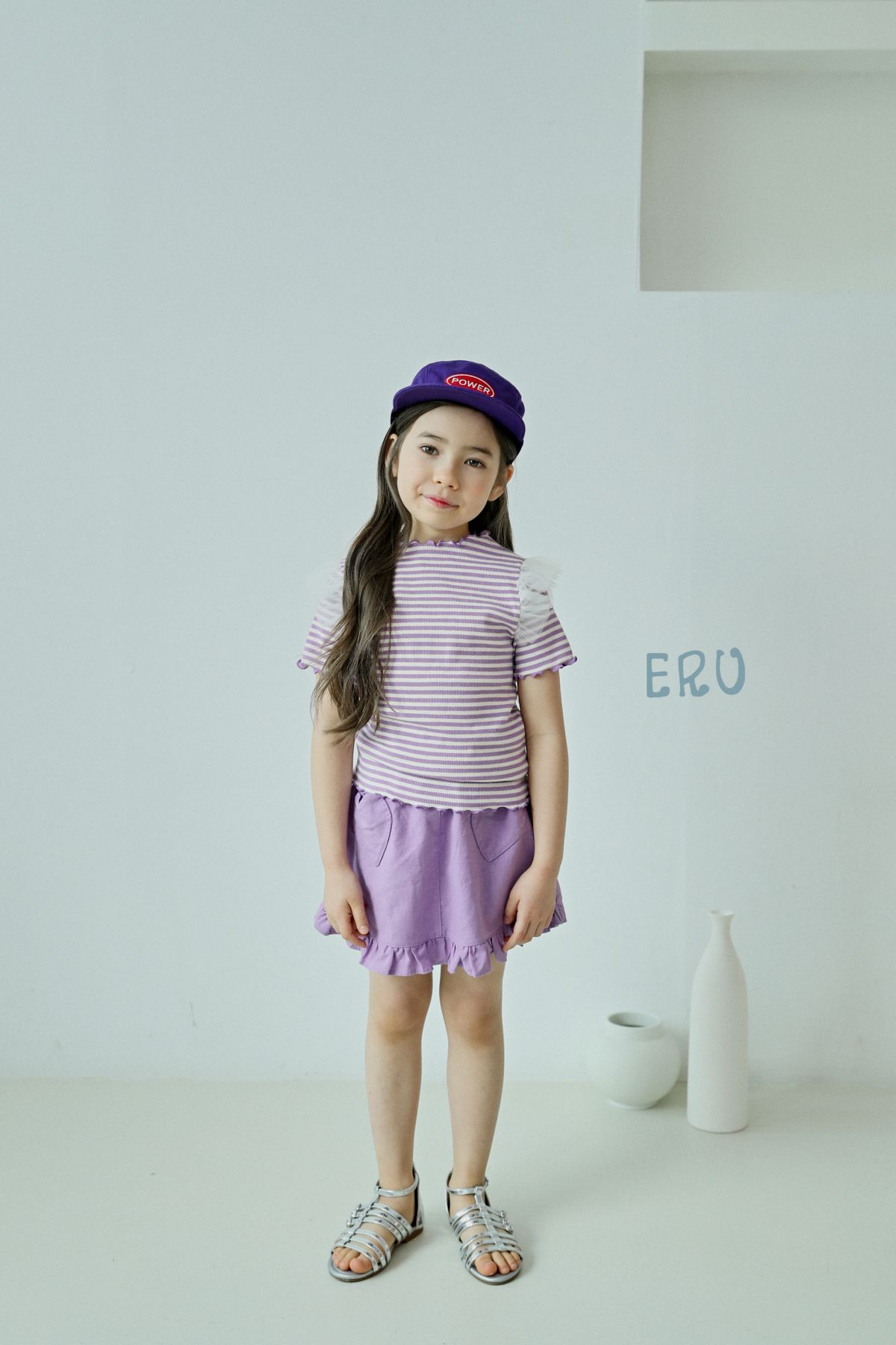 韓國 ERU - 網紗裝飾袖條紋T-粉紅