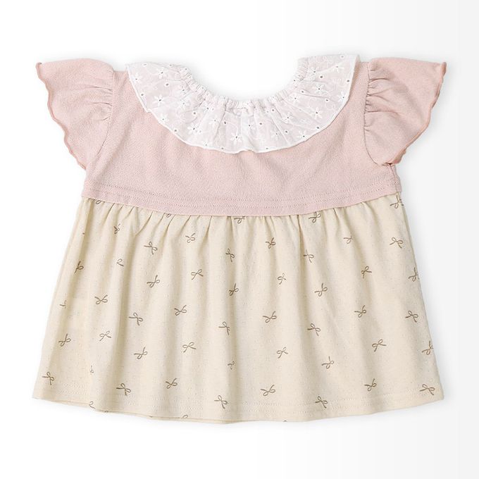 日本 ZOOLAND - 貝殼蕾絲領緹花短袖上衣-蝴蝶結印花-粉紅