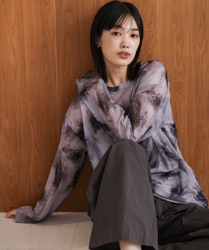 日本 Bab - 雲彩風格透膚美型長袖上衣-灰綠