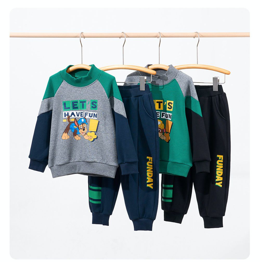 卡通汪汪隊加絨半高領長袖套裝-卡通人物阿奇-灰色