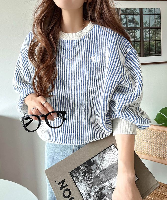 日本 Classical Elf - 刺繡logo 線條感針織長袖上衣-橘紅x米