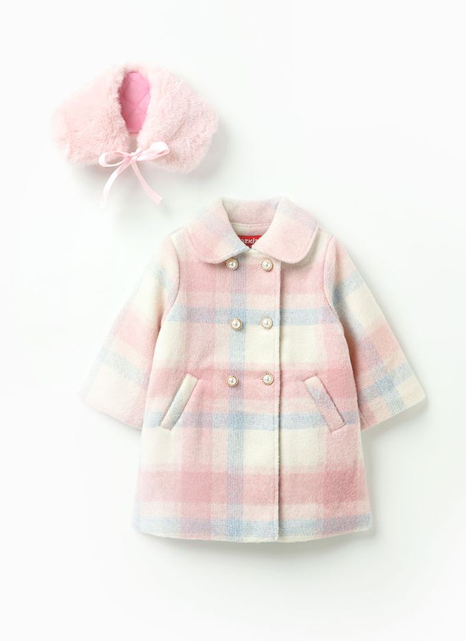 韓國 OZKIZ - (附絨毛圍巾)格紋毛料絎縫大衣外套-粉