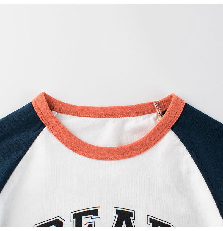 純棉圓領薄長袖上衣-拼色熊熊-米白+深藍