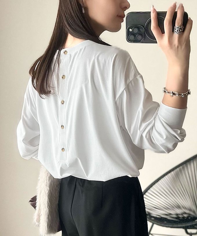 日本 Classical Elf - 休閒背扣logo刺繡寬版長袖上衣-炭灰