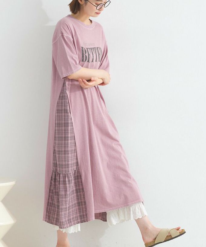 日本 Lupilien - 復古寬鬆格紋拼接短袖洋裝-BETTER-炭黑