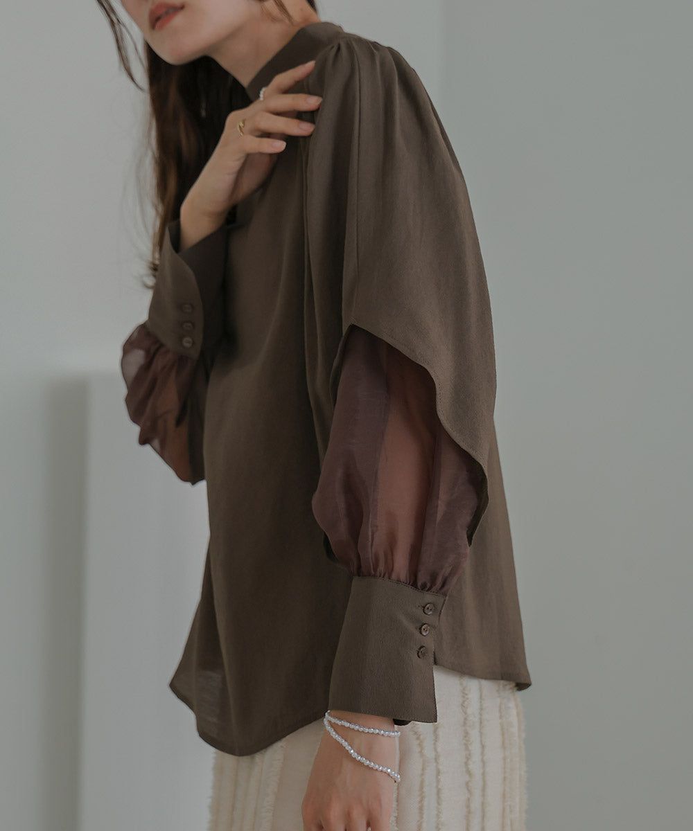 日本 Bab - 柔美紗拼接袖雪紡上衣-深可可