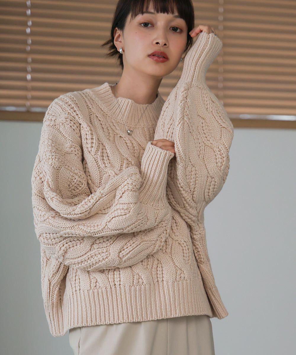 日本 Bab - 麻花編織圓領泡泡袖毛衣-粉膚