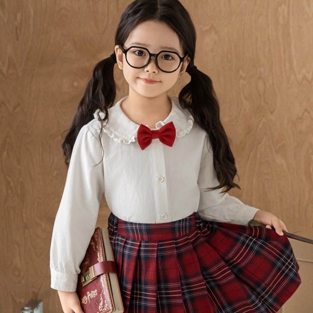 學院風甜美花邊翻領長袖襯衫-可拆蝴蝶結-白色