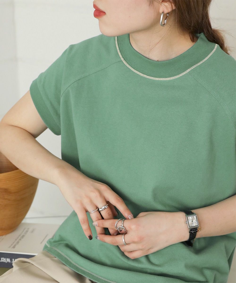 日本 Bou Jeloud - 接觸涼感 UV CUT 純美國棉短袖修身素T-撞色線條-綠