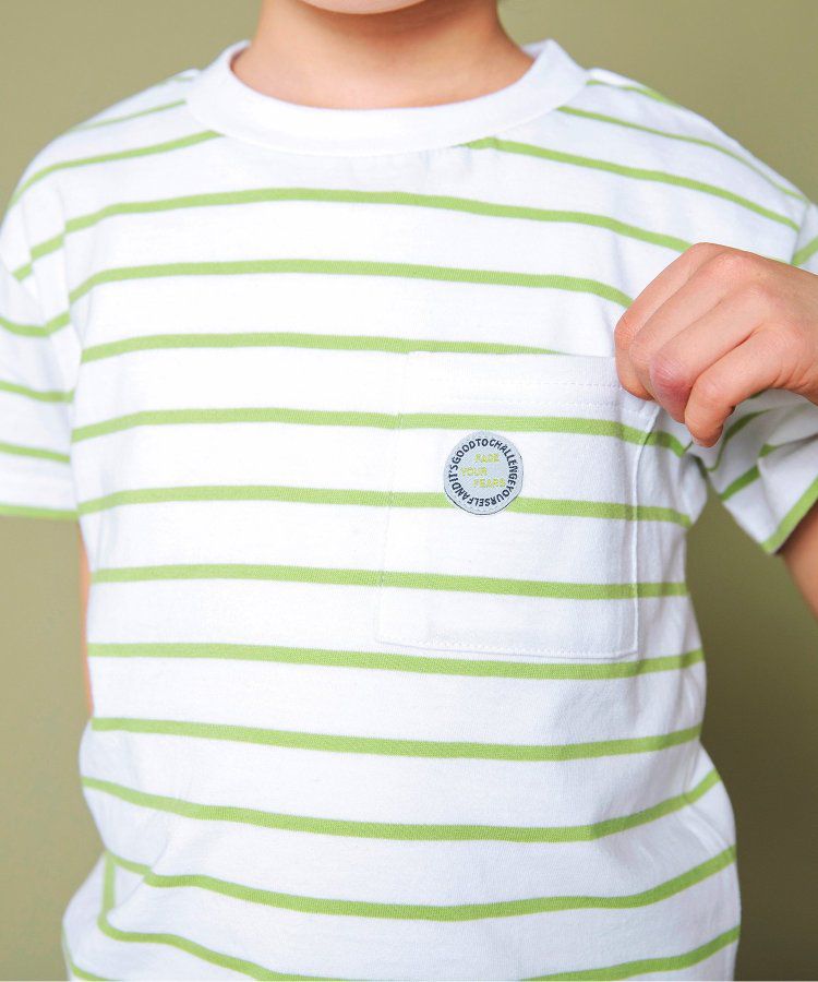 日本 BREEZE - 百搭舒適圓領短袖上衣-條紋-萊姆綠