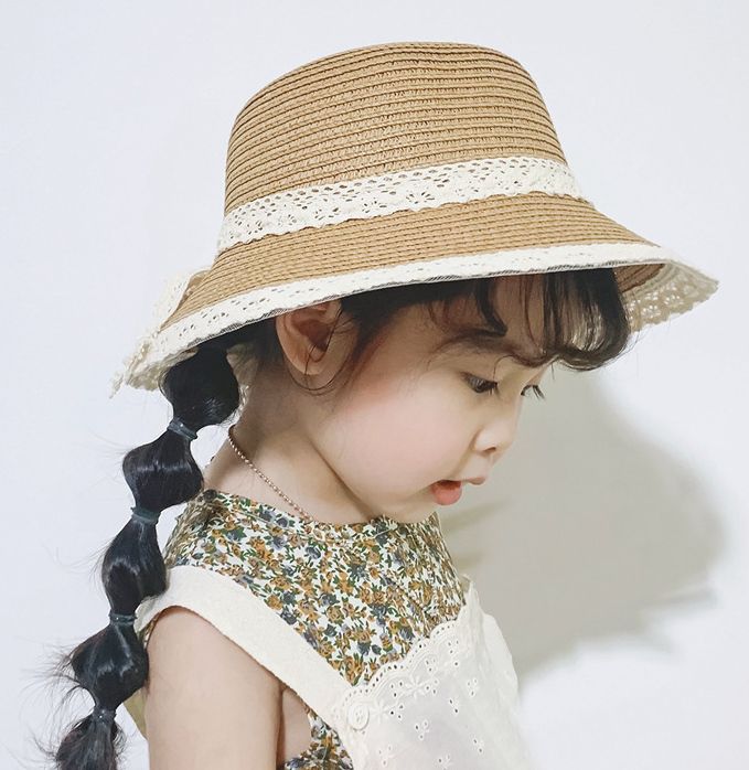 兒童透氣遮陽帽/編織草帽-蕾絲蝴蝶結-米色 (48-50CM)