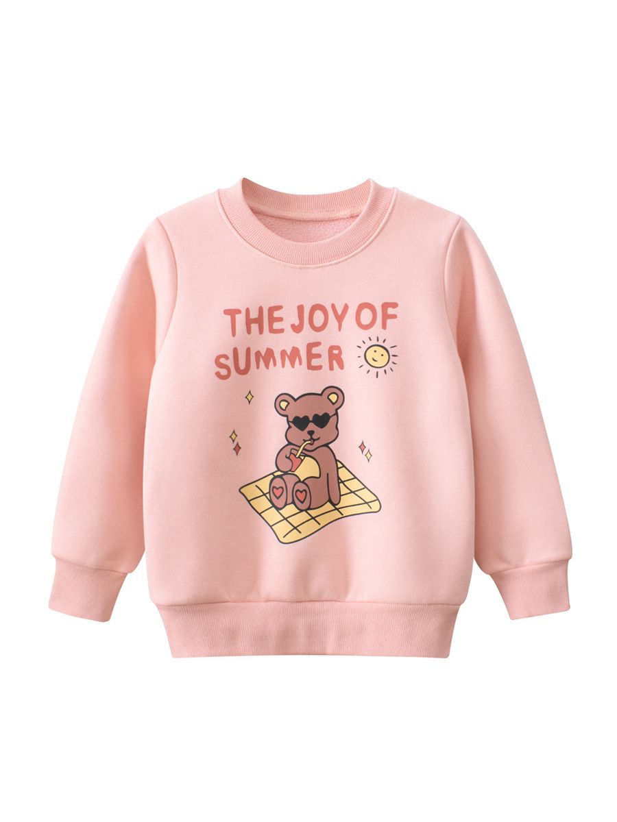 加絨圓領長袖上衣/大學T-夏日熊熊-粉色