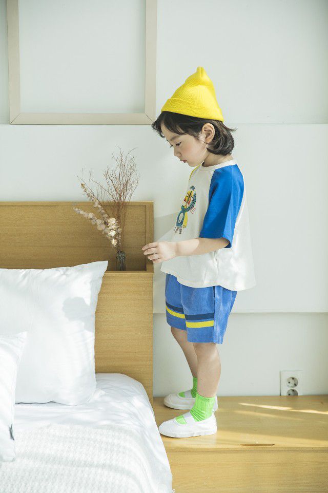 韓國 Mimico - 拼接色滑稽獅子T-藍