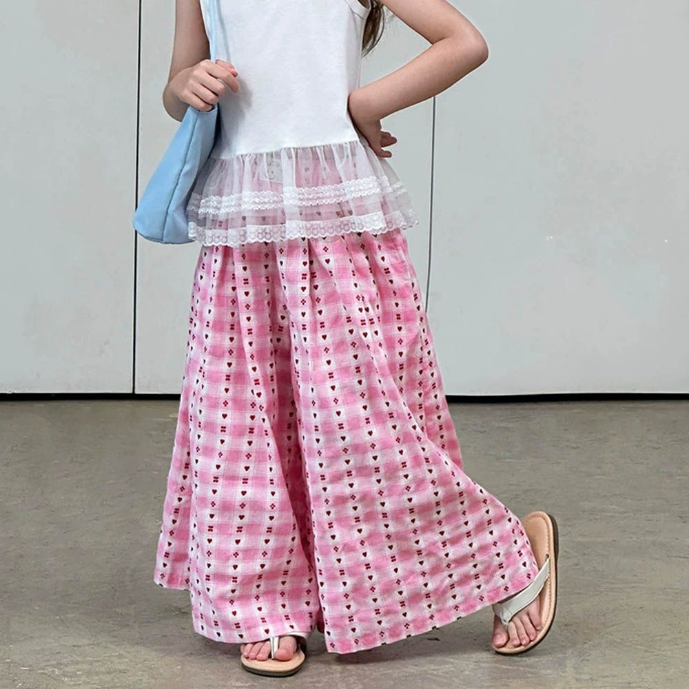 甜心格紋提花寬褲-粉色