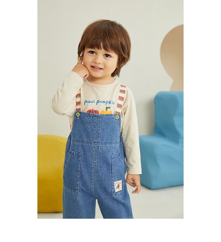 休閒條紋吊帶牛仔長褲-藍色