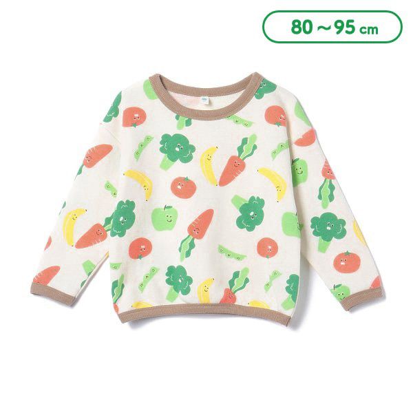 日本西松屋 - 裏毛圓領印花長袖上衣-蔬菜家族-米杏