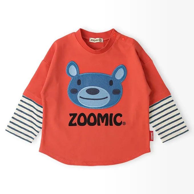 日本 ZOOLAND - 丹寧風小熊長袖上衣-假二件袖-炭黑