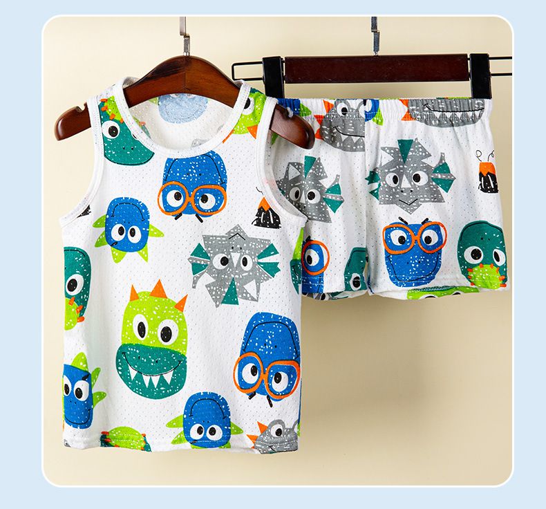 卡通網眼洞洞無袖家居服套裝/空調服-貓咪-粉色