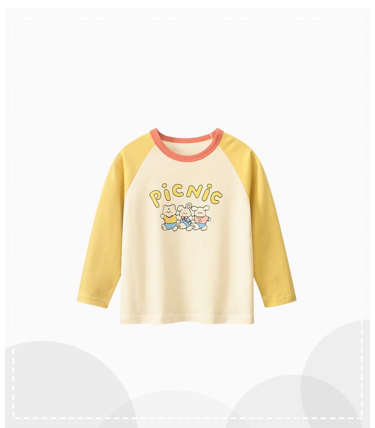 純棉圓領薄長袖上衣-動物好朋友-杏+黃