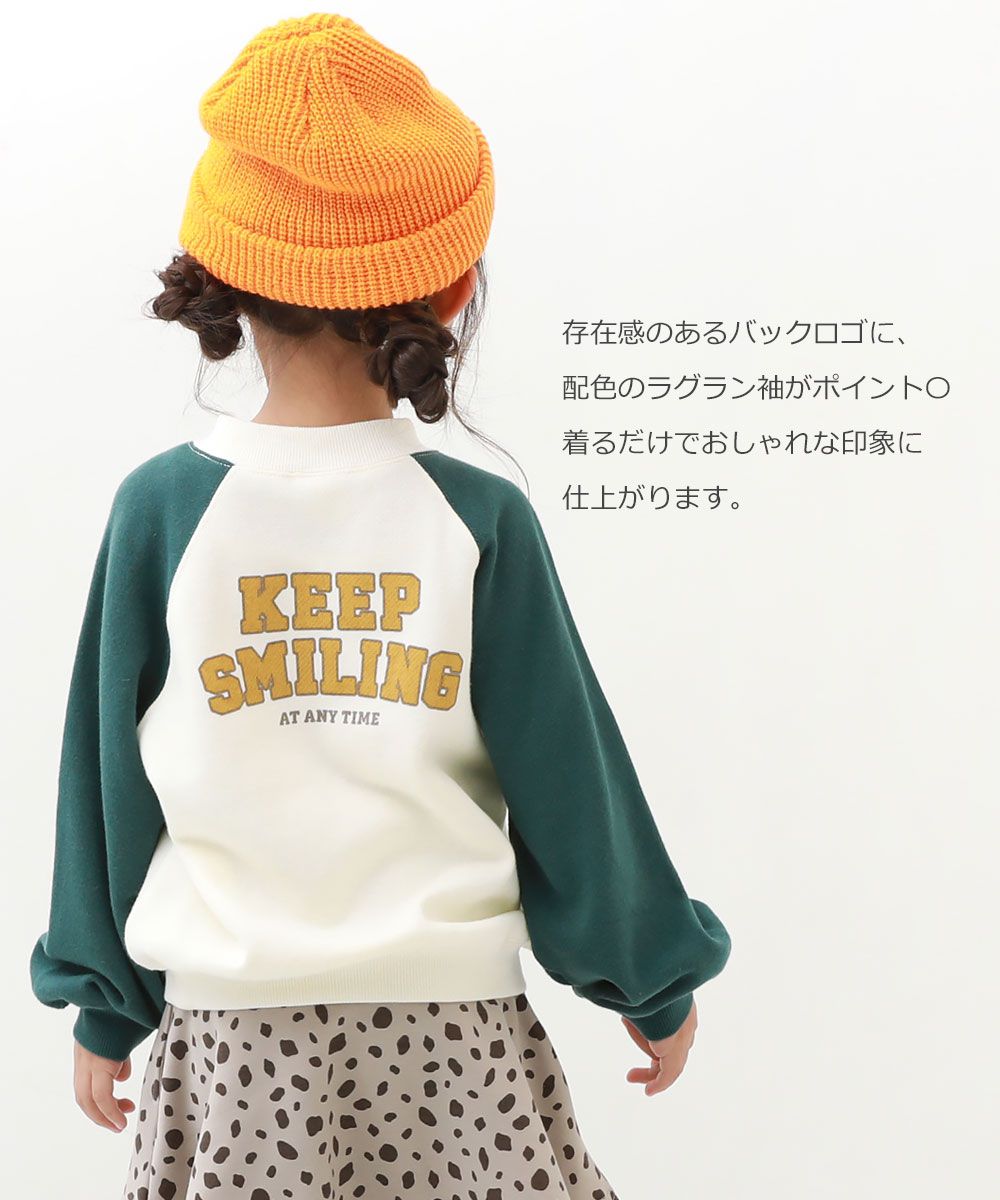 日本 devirock - 背後微笑標語撞色袖大學T-淺藍