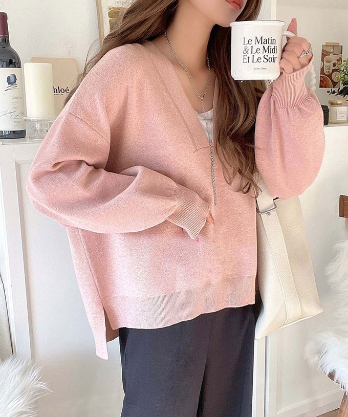 日本 Classical Elf - 俐落深V都會感柔軟針織上衣-粉紅