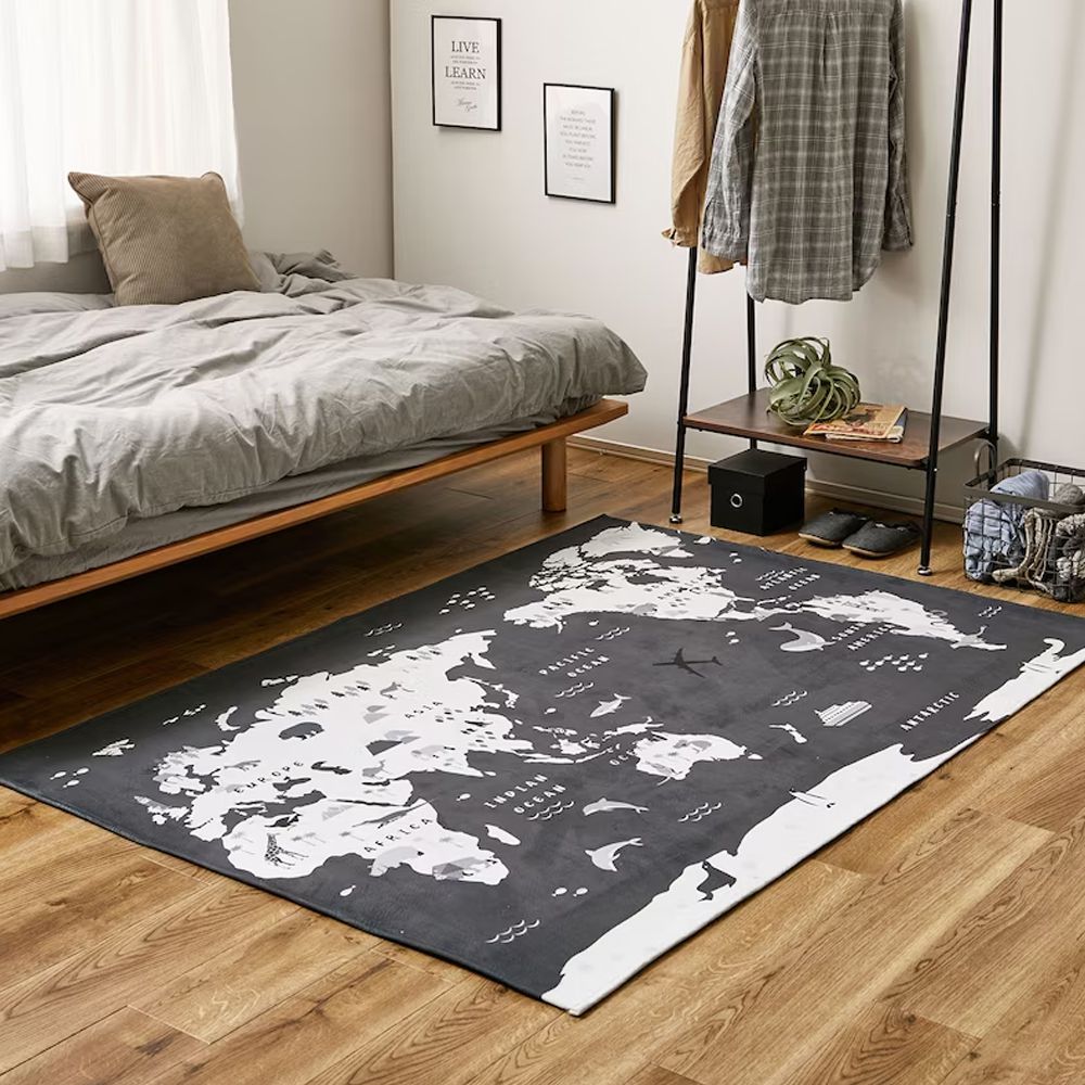 日本千趣會 - 邊學邊玩！可機洗細絨兒童地毯-世界地圖(黑白) (120×180cm)