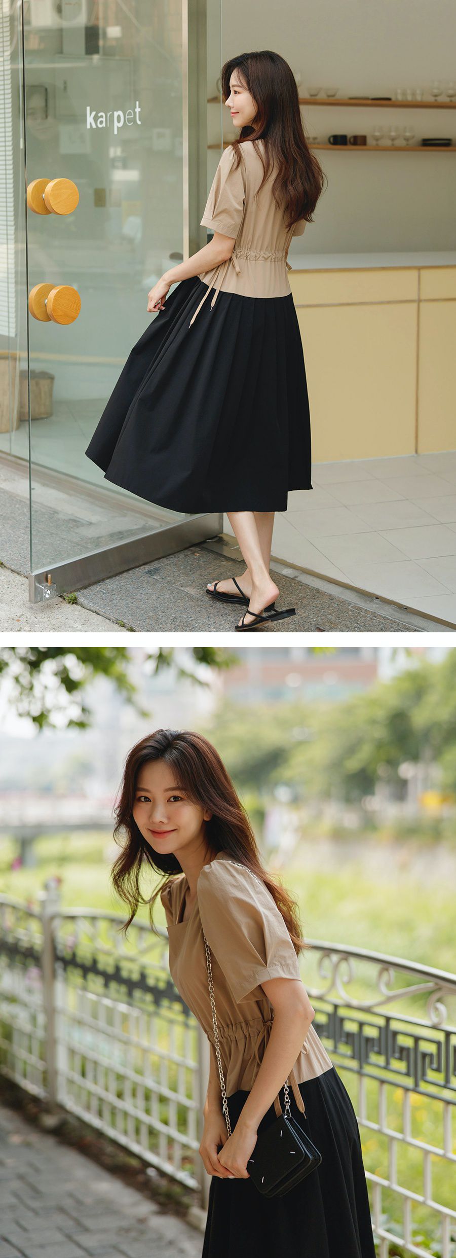 韓國 Urbantheroom - ㄩ字領假兩件拼色縮腰長洋裝-上黑下杏 (Free)