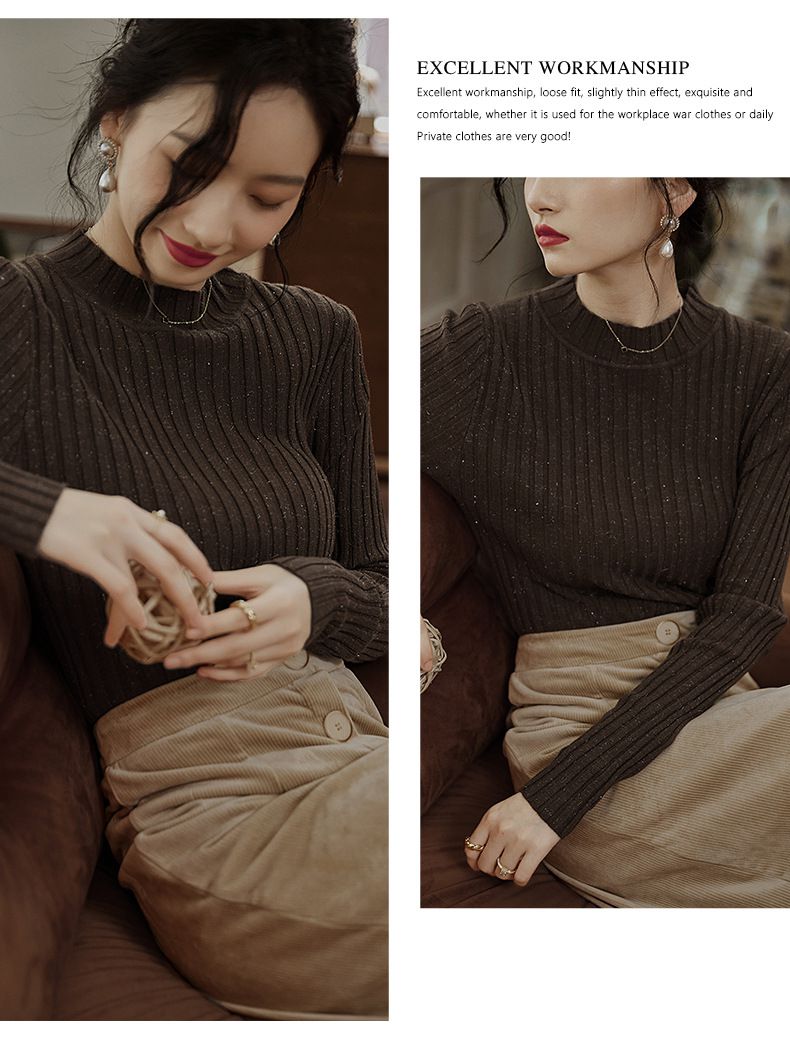 優雅百搭坑條修身針織上衣-咖啡色