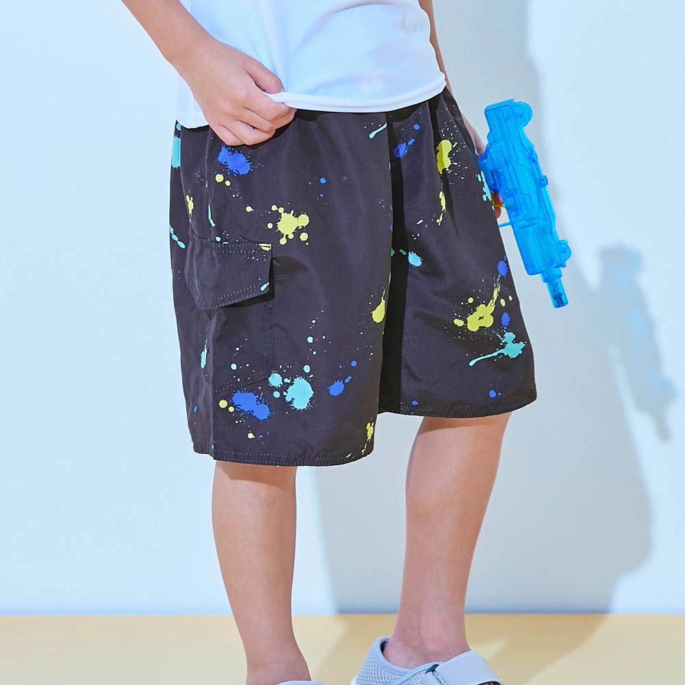 90%抗UV 鬆緊印花沙灘褲/泳褲(含內褲)-潑墨-黑