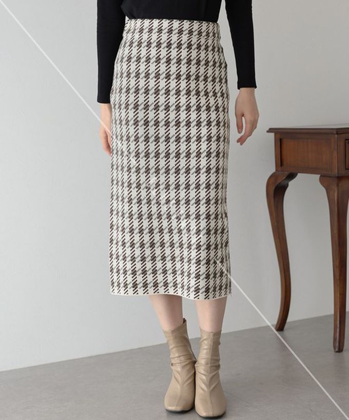 日本 BLUE EAST - 氣質千鳥格針織開叉合身長裙-黑灰