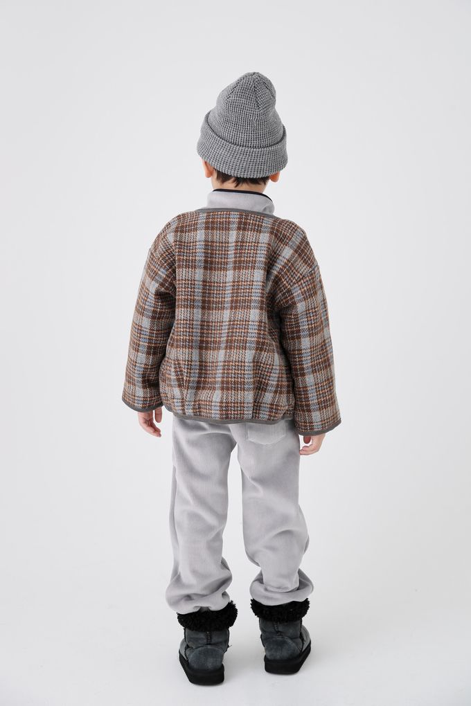 韓國 Coco Bang - 格紋毛呢感無領鈕扣外套-棕X深藍