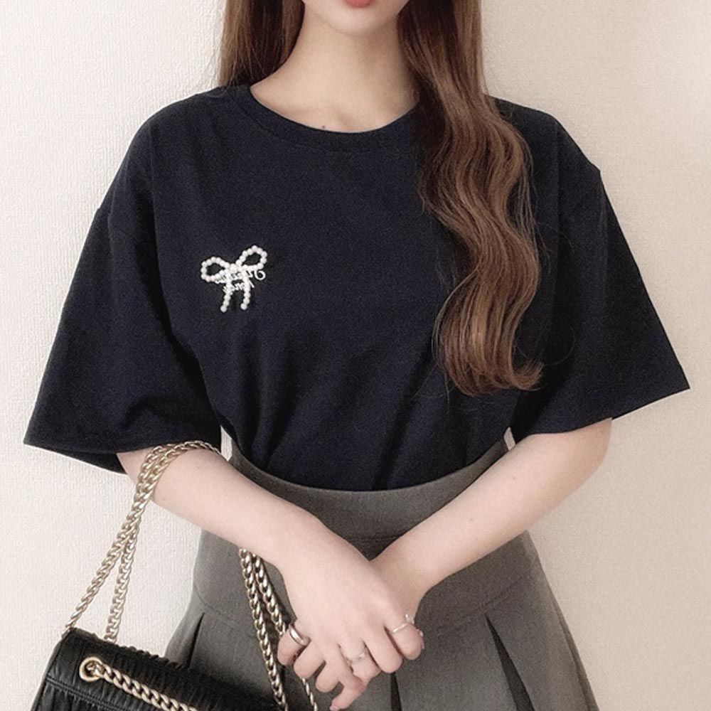 日本 GRL - 珍珠點綴甜美休閒T恤-黑色 (F)