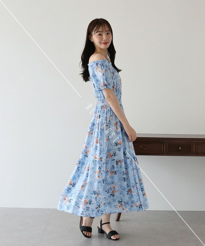 日本 BLUE EAST - 一字領2way露肩迷人短袖洋裝-典雅葉子-黑 (M)