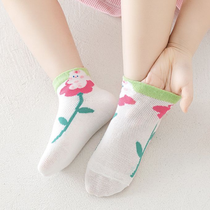 love, charlotte - 小兔大花櫻桃網眼短筒棉襪-5 雙一組