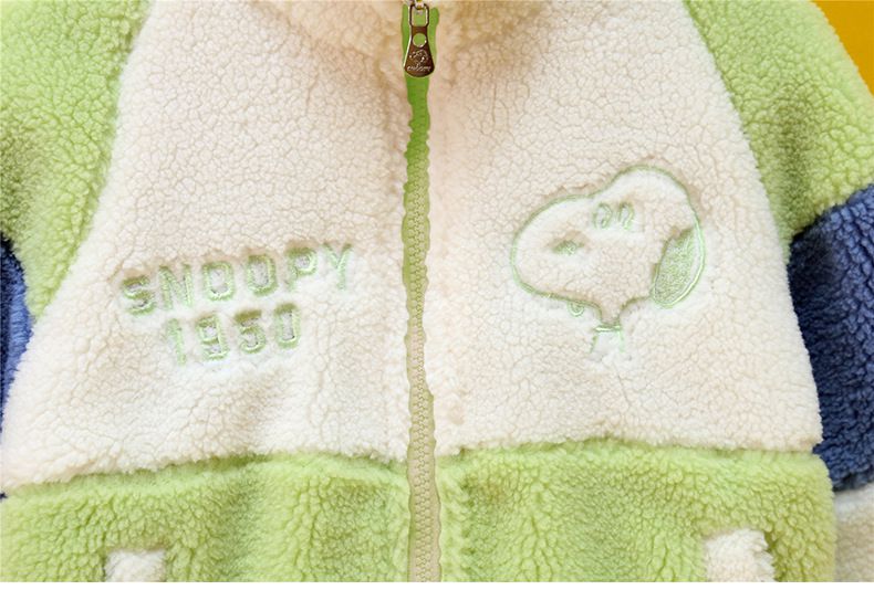 卡通人物史努比羊羔絨半高領拼色外套-SNOOPY刺繡-橘色