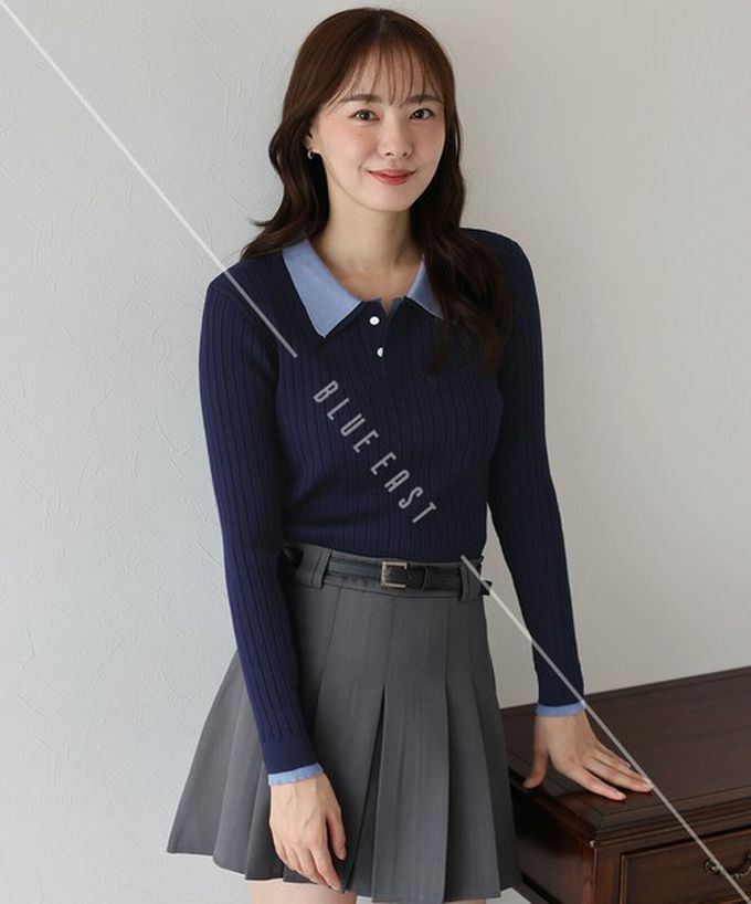 日本 BLUE EAST - 撞色雙層領針織polo長袖上衣-深灰x粉紅 (M)