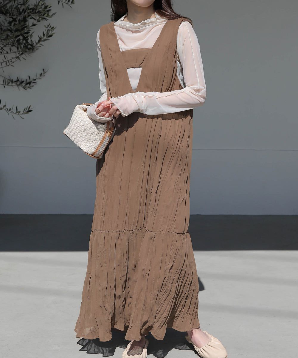 日本 Bab - V領浪漫飄逸無袖洋裝-米杏