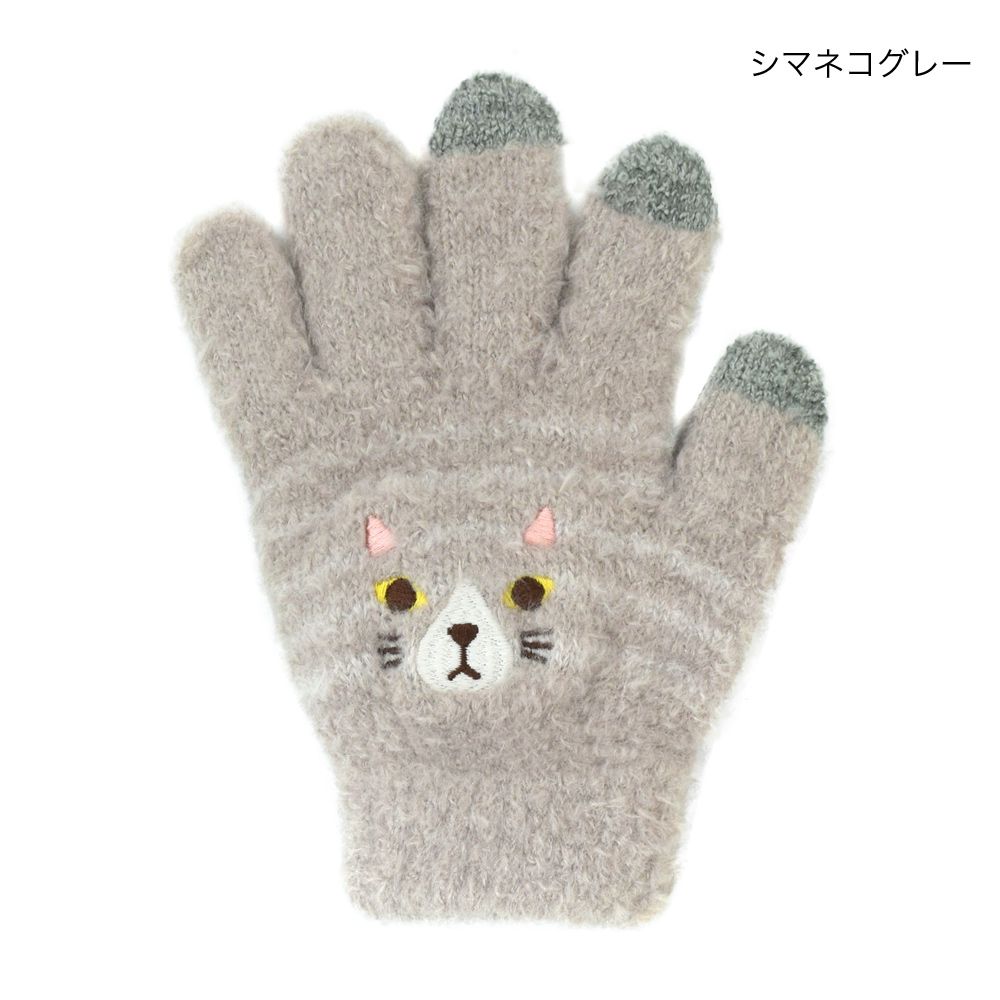 日本 TOMO - (兒童)可觸控可愛動物毛絨保暖手套-淺灰貓-淺灰