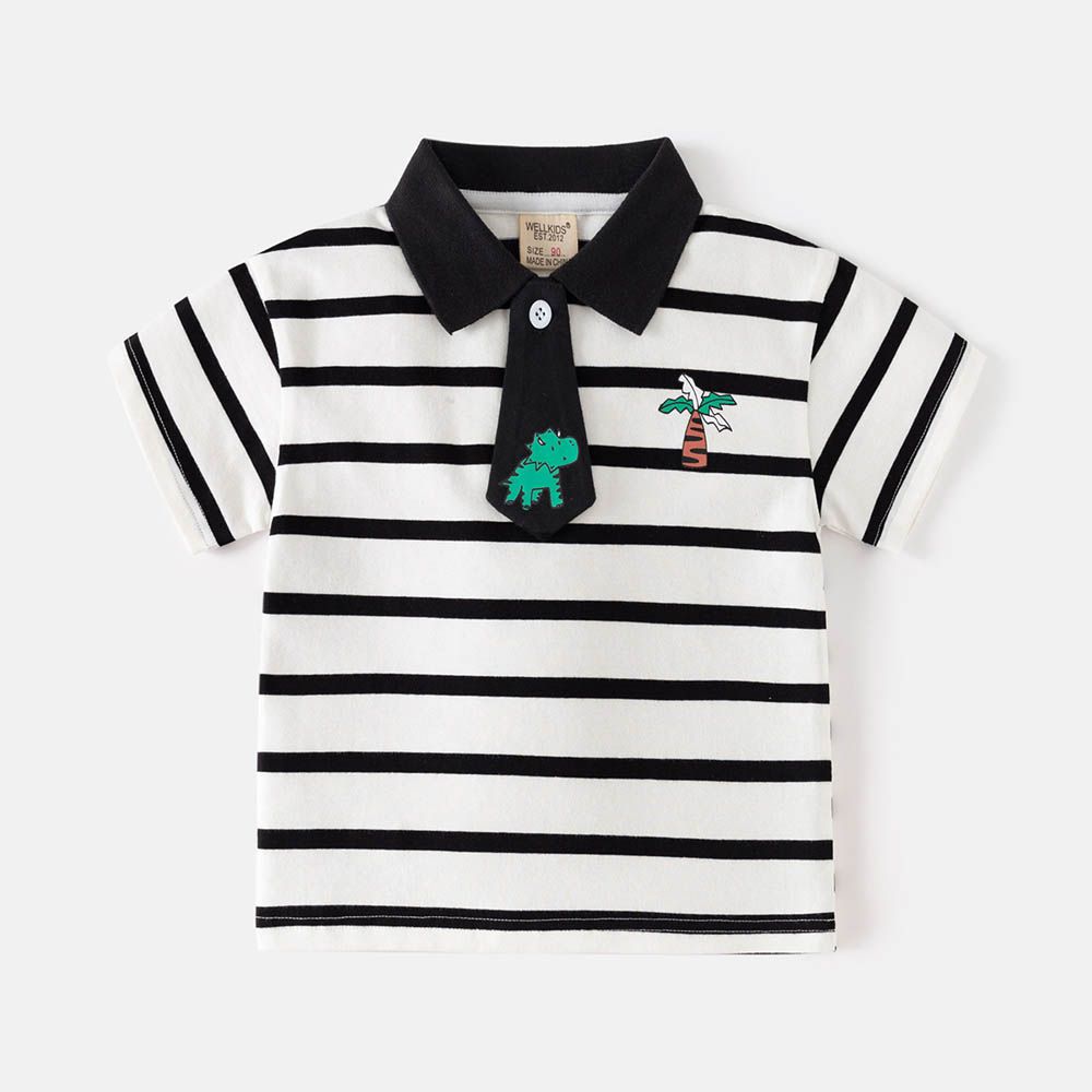 休閒翻領短袖上衣-恐龍領帶-白底條紋