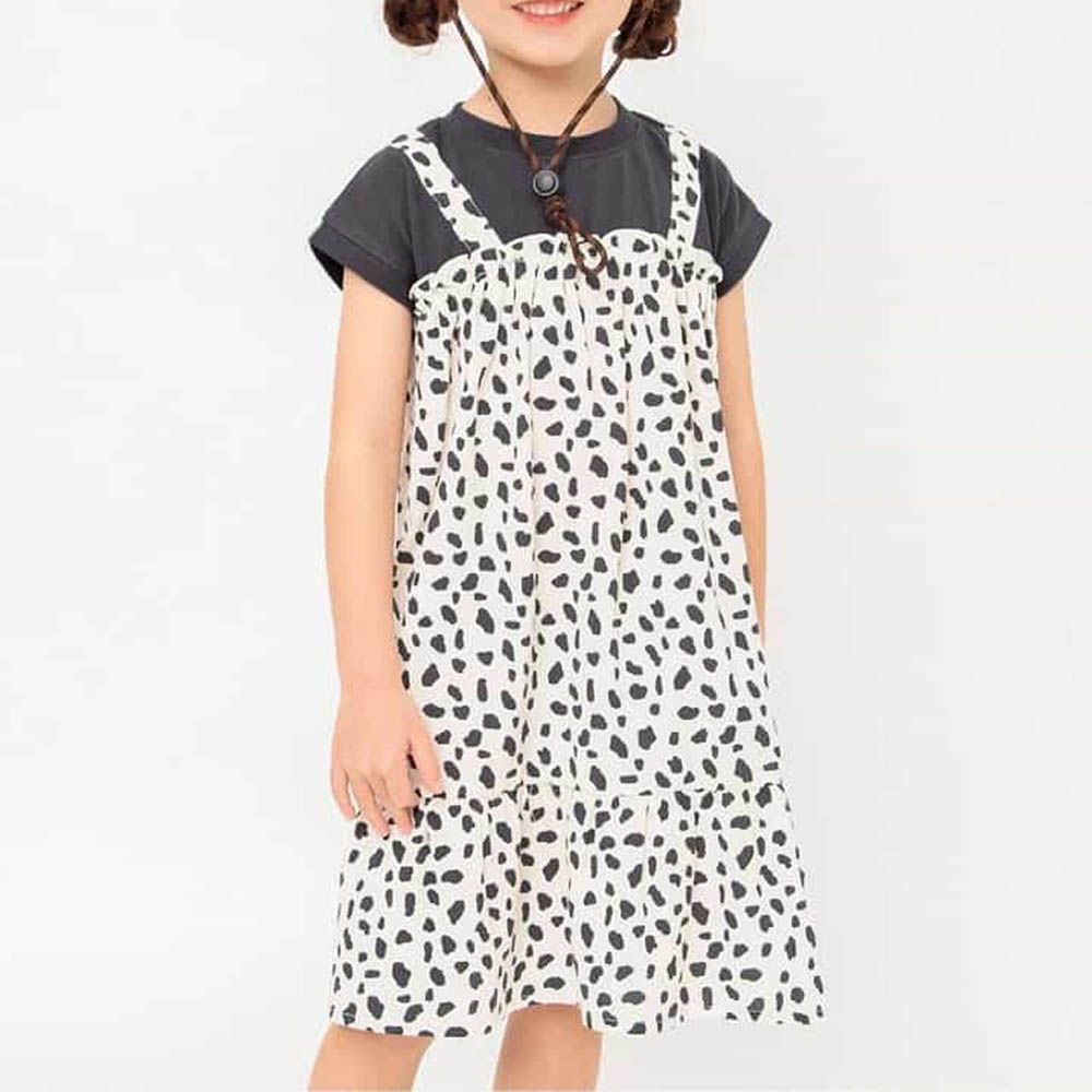 法式袖假兩件短袖洋裝-點點-黑x白