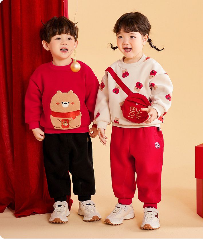 加絨喜氣洋洋長袖上衣-福氣熊熊-紅色